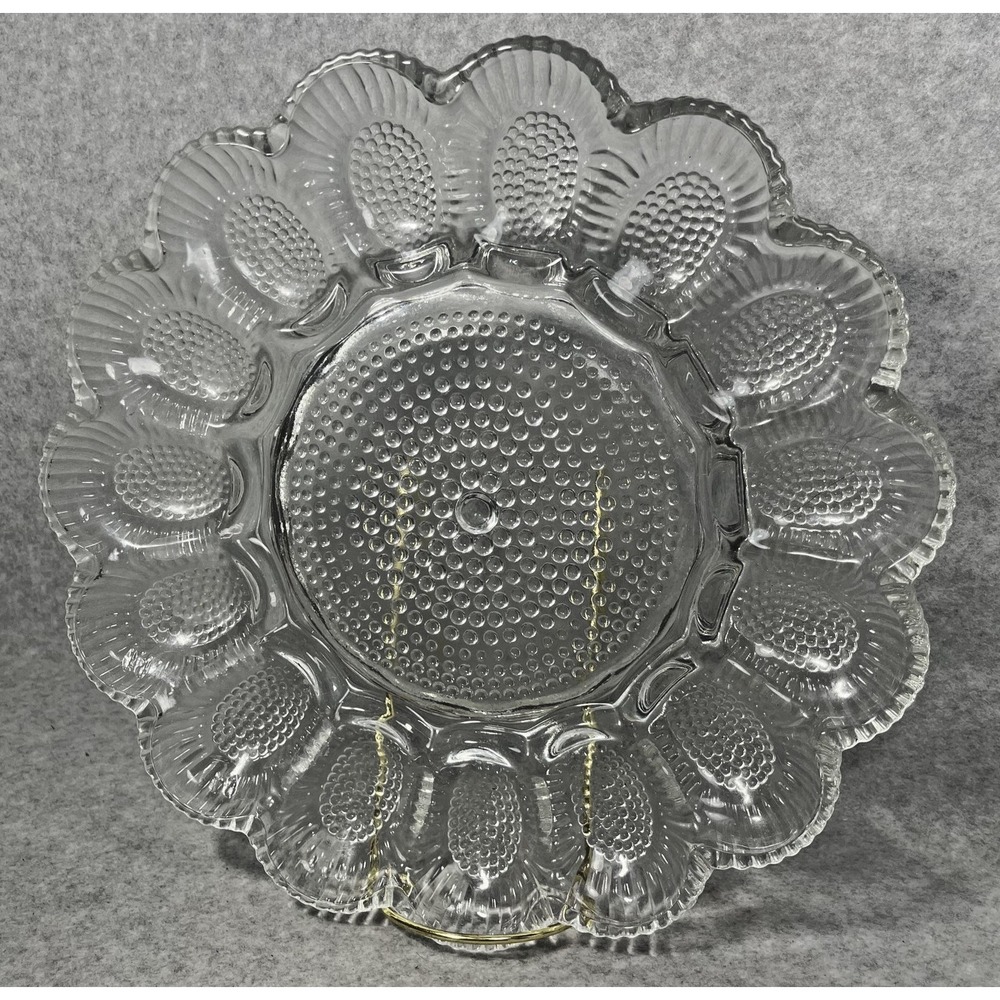 VTG Clear Glass Deviled Egg Plate 11" Hobnail Scalloped Edge Snack Tray Indiana? - Picture 2 of 10